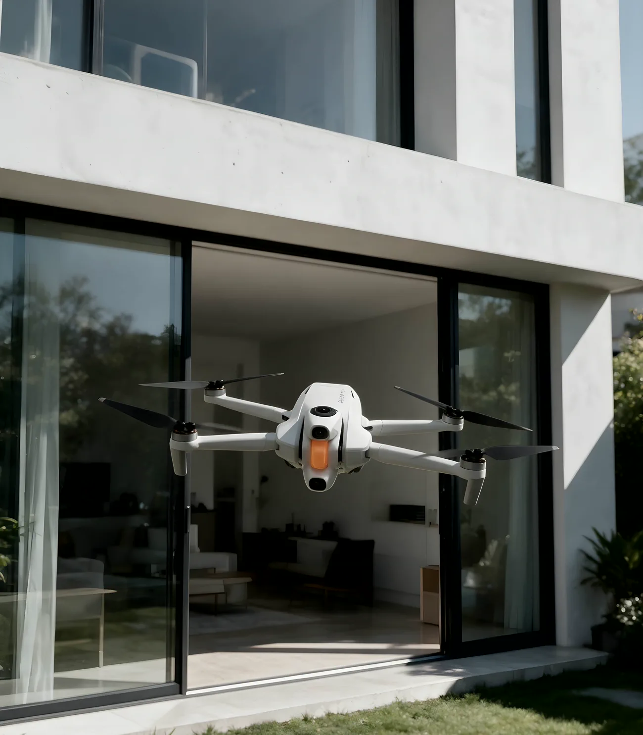 Dron FPV wylatuje przez otwarte drzwi tarasowe nowoczesnego domu